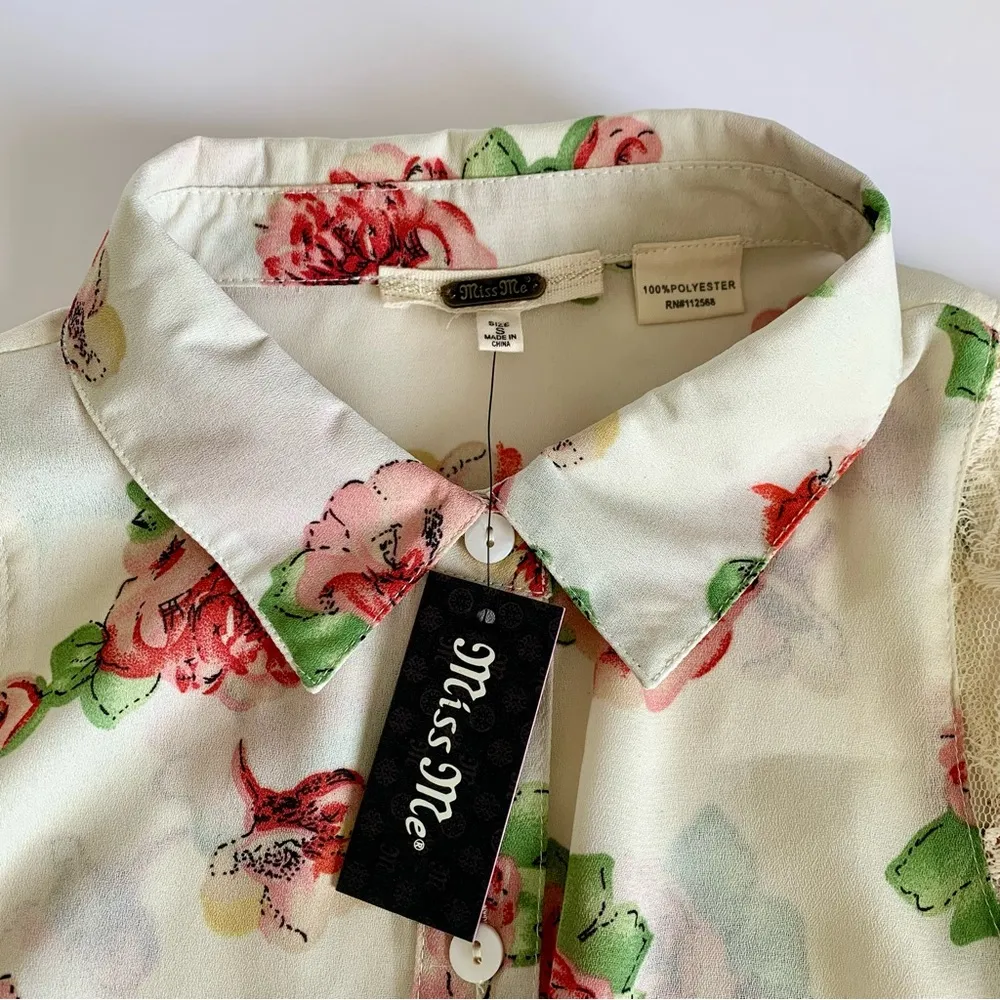 Miss Me Y2K Cream Floral Lightweight Boho Summer Tunic Blouse Top Small - Image 5