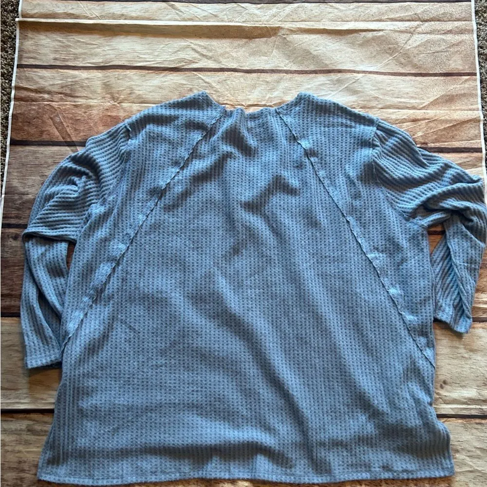Jodifl Blue Waffle Knit V Neck Long Sleeve Oversized Tshirt Size 2X - Image 3