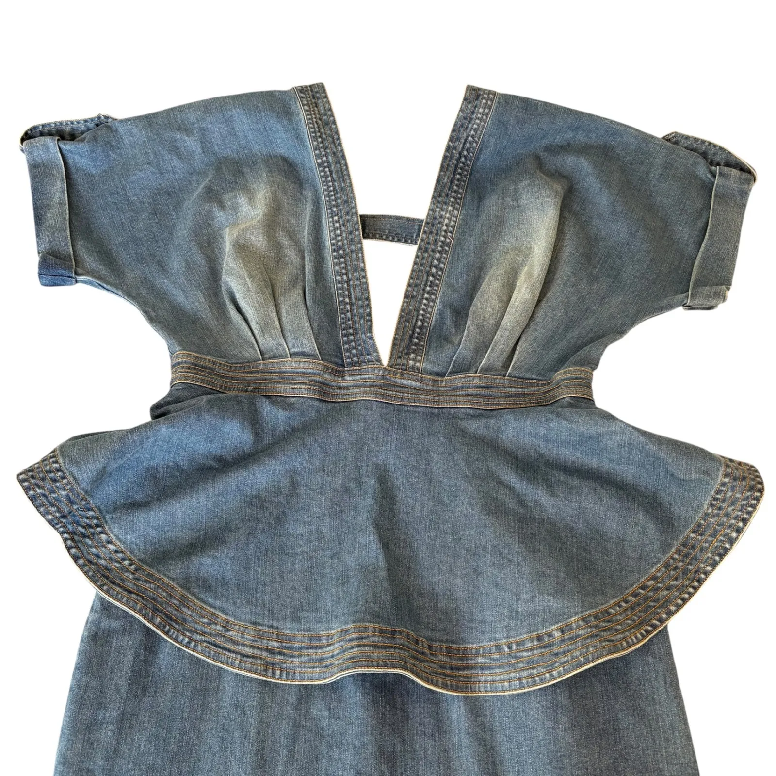 L'ATISTE by Amy Denim Dress Peplum V Neck Short‎ Sleeve Pencil Skirt Blue Large - Image 4