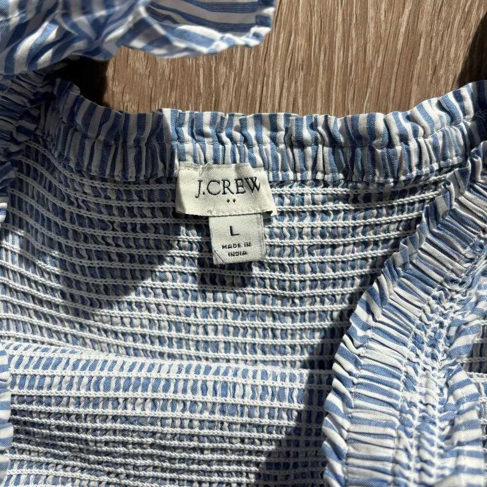 J.Crew  Smocked Tiered Navy White Striped Midi Dress Pockets Size Large - Image 4