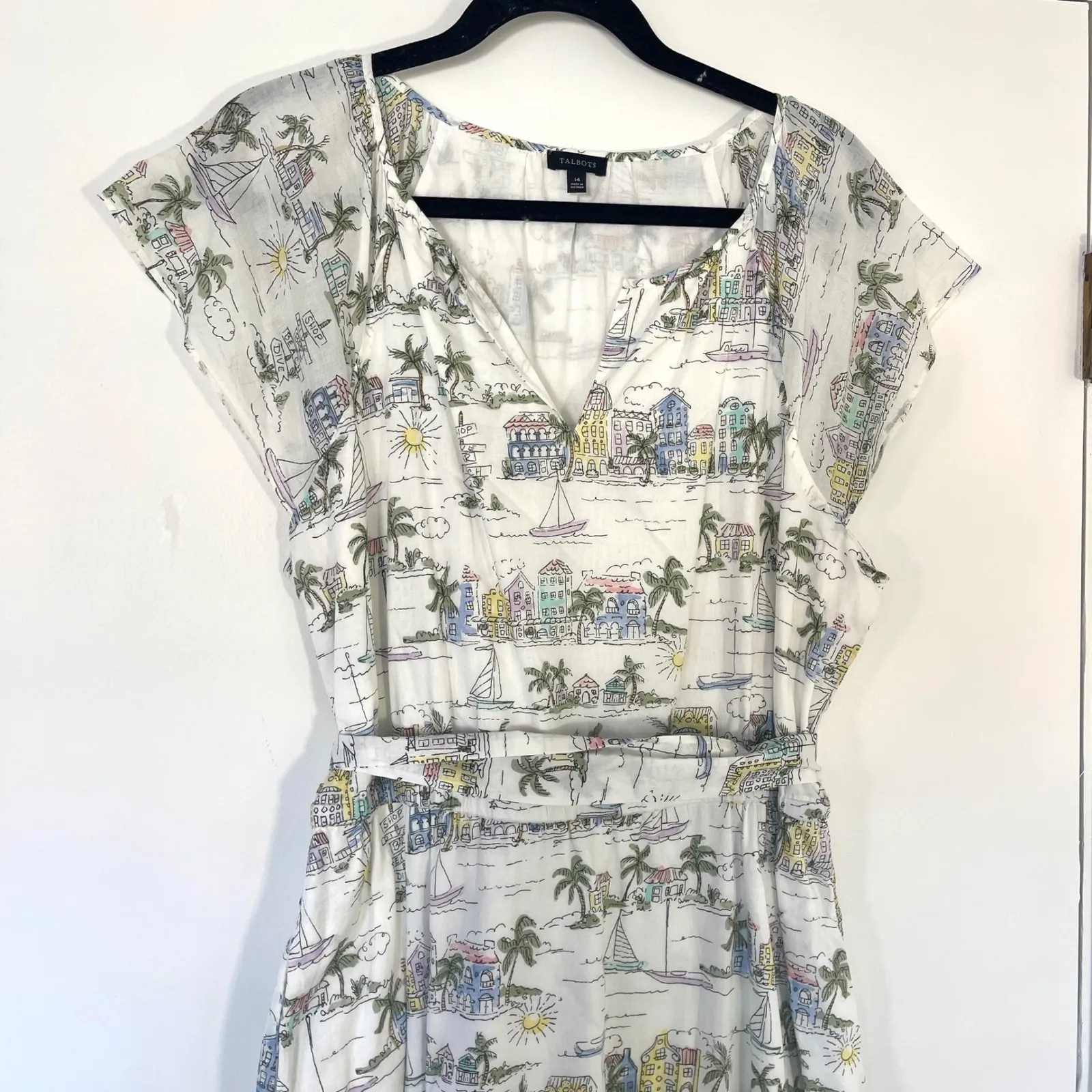 Talbots $169 Ruffle Fit & Flare Midi Dress Scenic Curacao Beach Palm Size 14 - Image 4