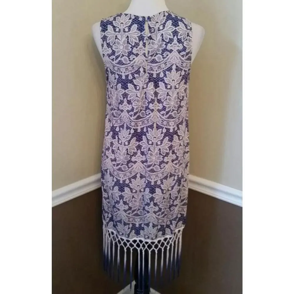 Blue & Beige Lace Print Fringe Hem Sleeveless Boho Dress by Moon from Modcloth Size M - Image 6