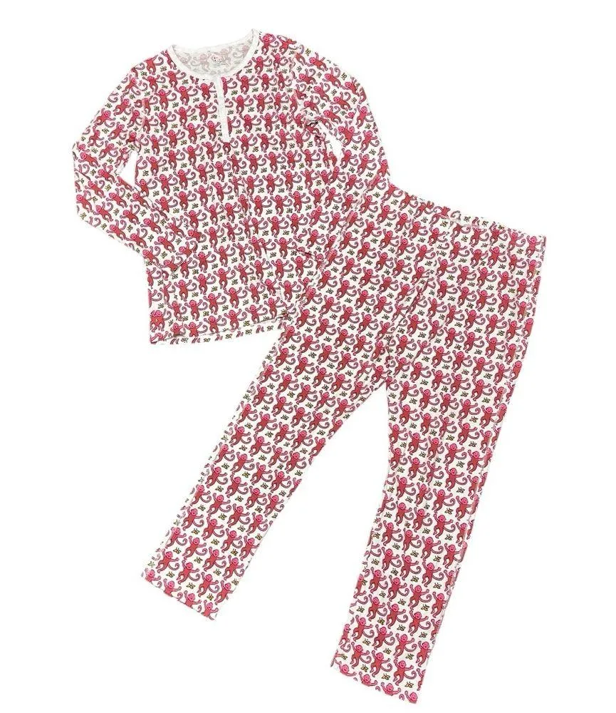 Roller Rabbit Original Monkey Print Pajamas Long PJ Set Pink Medium M $138 - Image 4