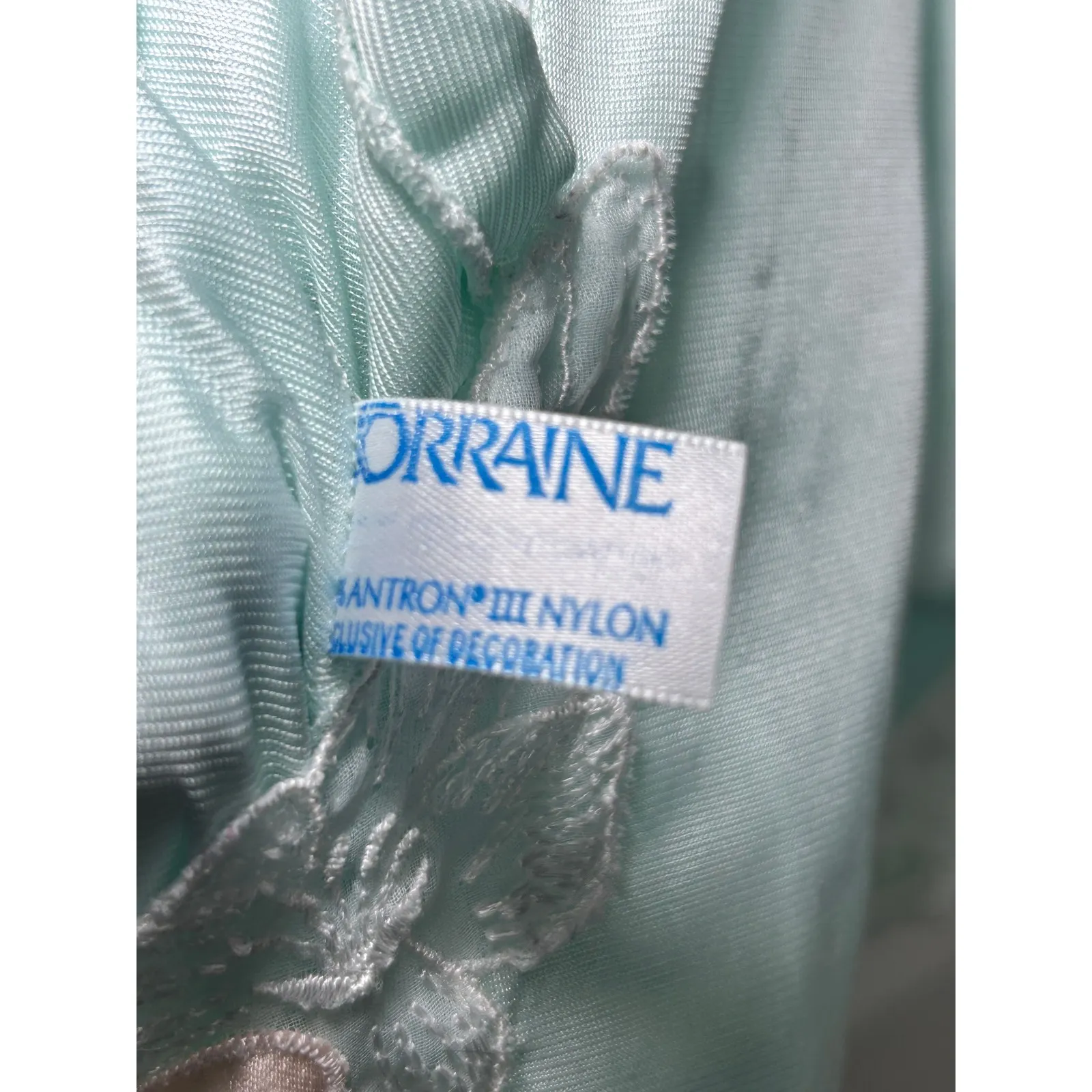 Lorraine‎ Vintage Nightgown Medium Blue Green Floral Applique Short Sleeve - Image 4