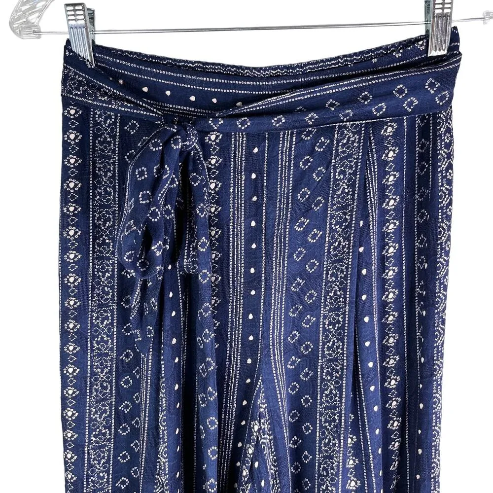 Sadie & Sage Pants Wide Leg Pants Navy Cream Small Lined Belted Boho New Blue - Image 3