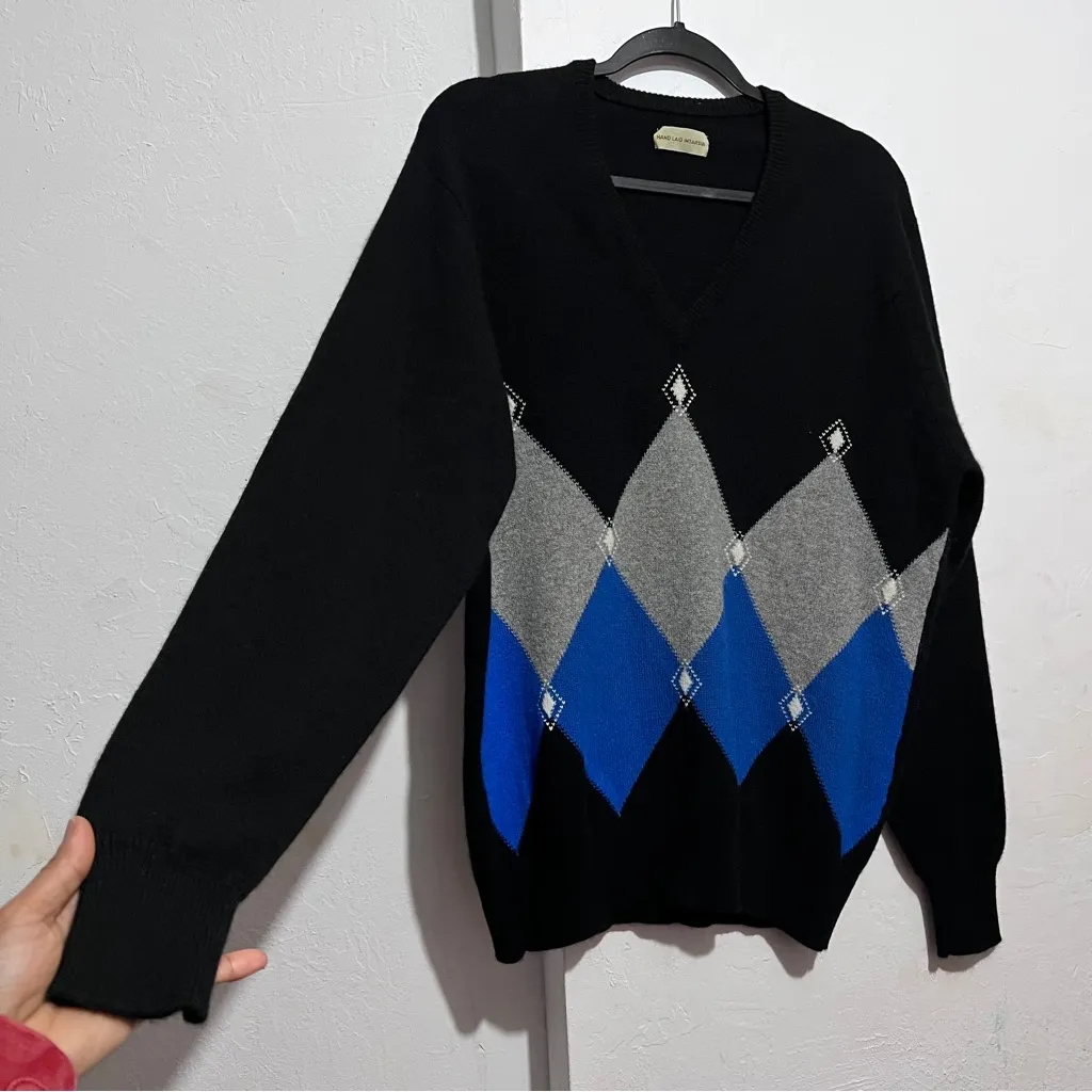 Scotland Pure Cashmere Sweater Intarsia, Inlaid by hand Diamond Design :Box H: Blue Size XL - Image 2