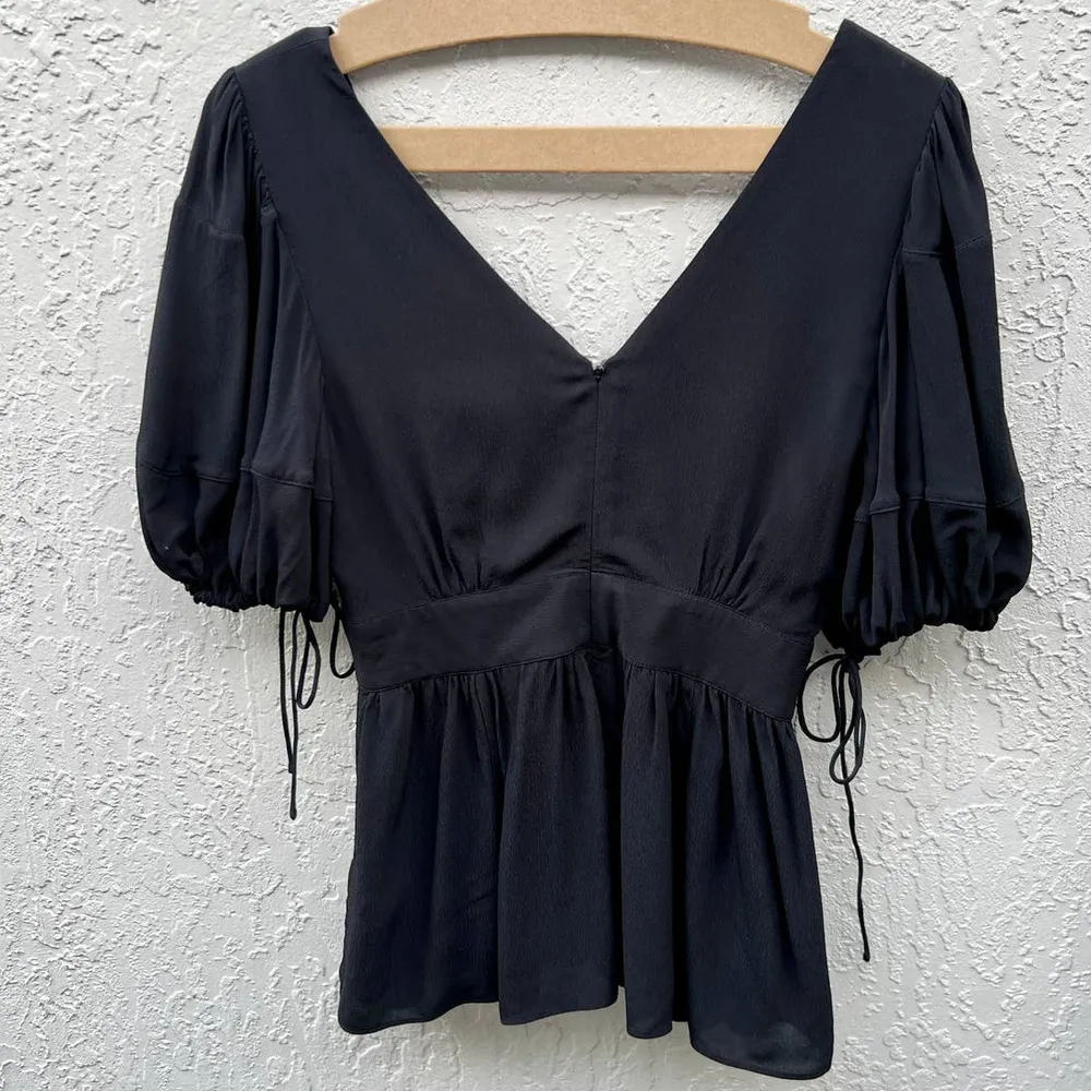 Proenza Schouler Puff Sleeve Tie Pleated Plunging V-Neck Blouse Balck Women's 0 - Image 2