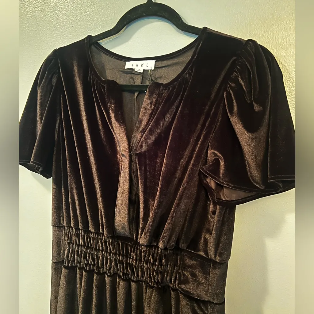 THML NEW Black Velvet Velour Boho Short Puff Flutter Sleeve Tiered Dress Size S - Image 4