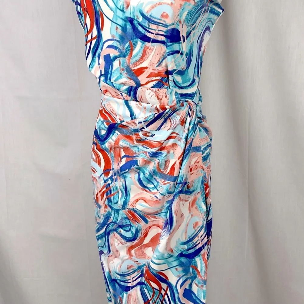 Tahari ASL Sleeveless Sheath Dress Midi Multicolor Geometric Print Sz 6 New Blue - Image 5