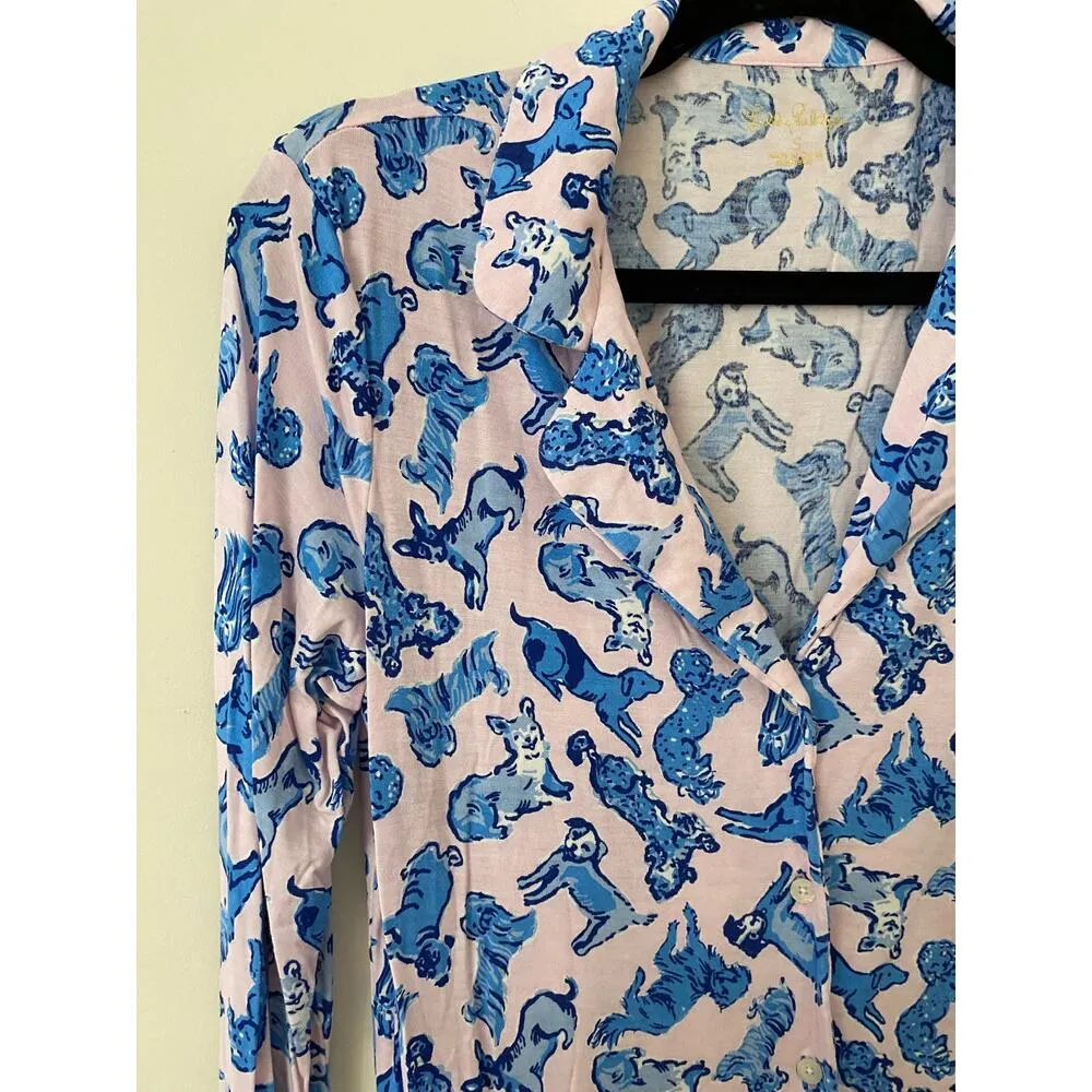 Lilly Pulitzer EUC Dog Print Pink Blue Long Sleeve Button Down Pajama PJ Shirt S - Image 2