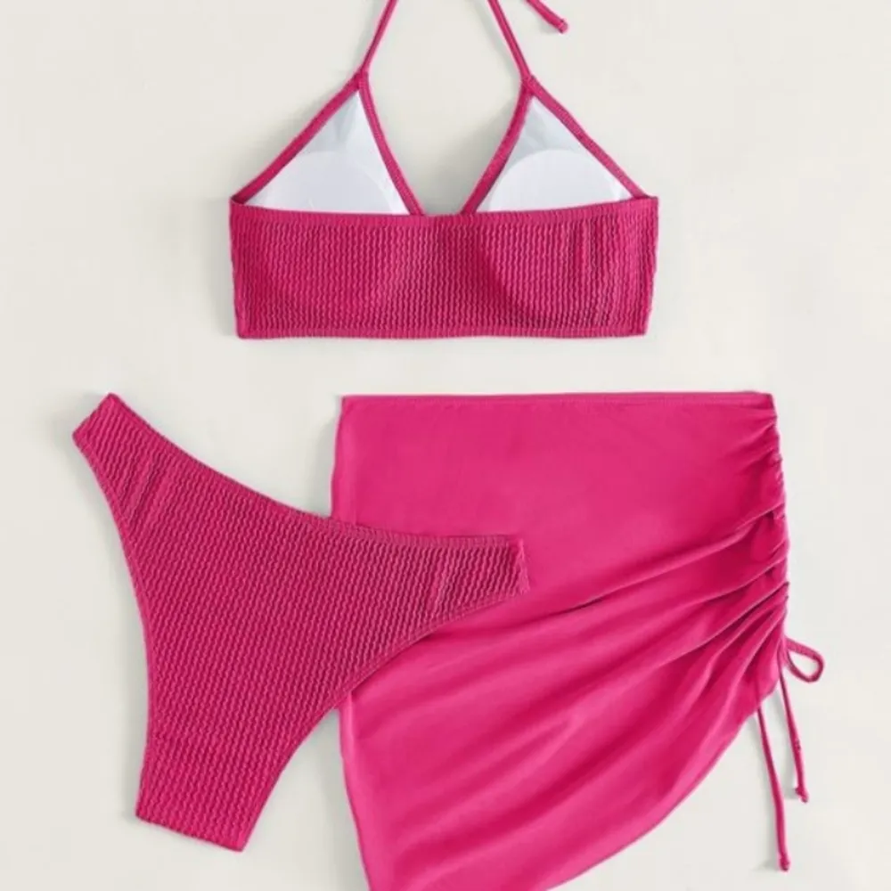 Women's 3 Piece Bathing Suits Halter Ring Bikini Set with Cover Up Pink Size L - Image 4