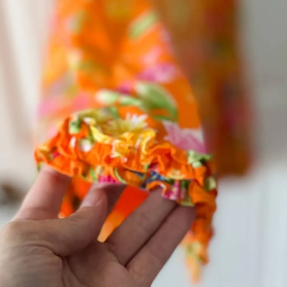 Y2K tropical floral 100% cotton ruffle trumpet hem kick skirt size 10 medium Orange - Image 5