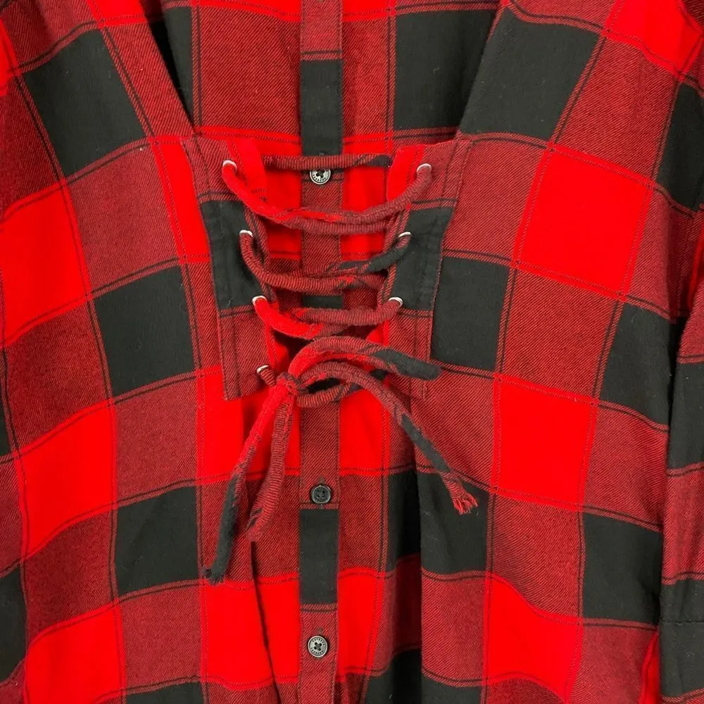 EXPRESS  Red Black Plaid Corset Front Button Up Tunic Shirt Small - Image 2