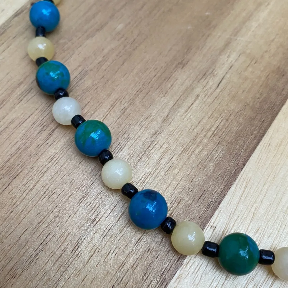 Handcrafted Artisan Chrysocolla and Yellow Agate Stone Bead Necklace - Image 2