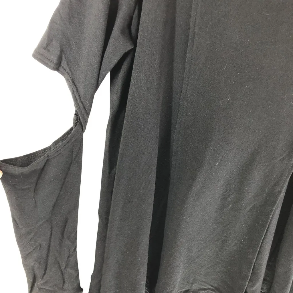 Terez Womens Hoodie Asymmetric Long Hi Low Hem Sleeve Cutouts Thumbholes Black S - Image 2