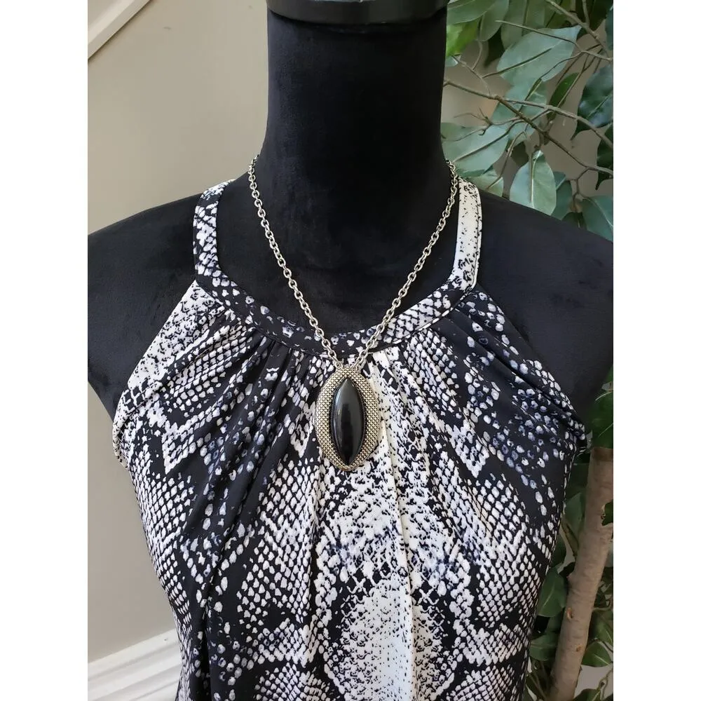 Nicole Miller Shift Dress Womens L Black White Snake Print Halter Neck Stretch - Image 5
