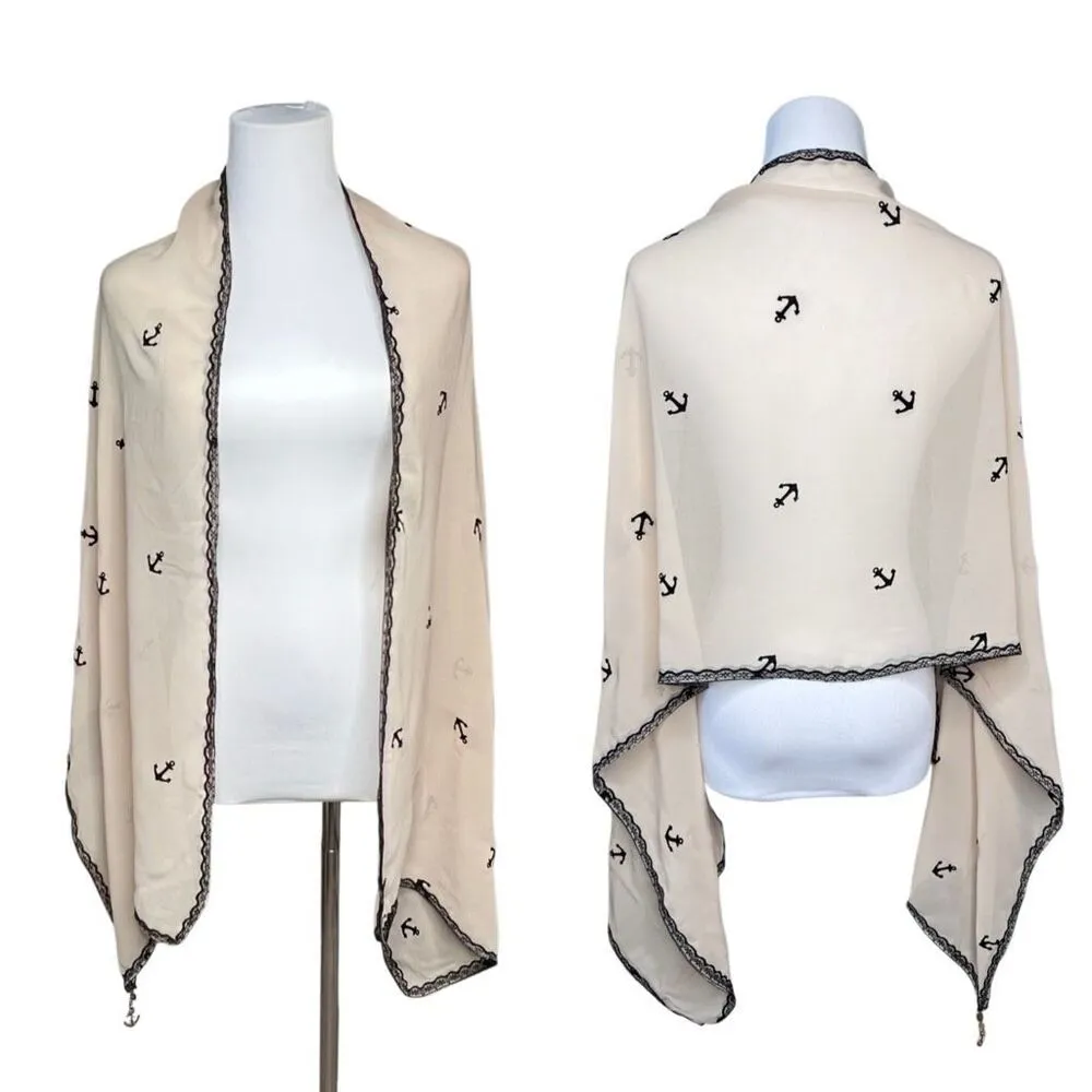 Linear Scarf Anchor Nautical Wrap Shawl Cream‎ Lace Black Gold Charm 69"x20" - Image 2