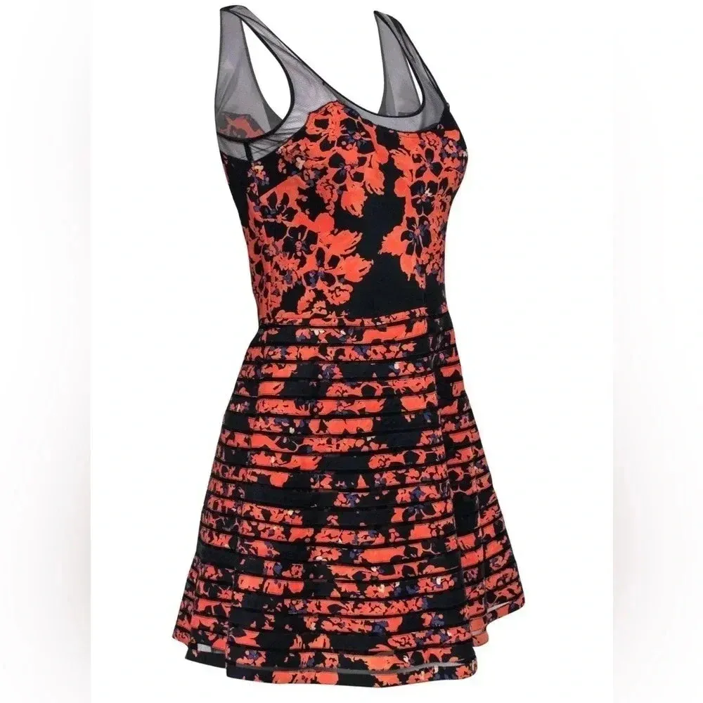 Parker Orange & Black Petal Bloom Mesh Sleeveless Fit & Flare Silk Dress Size M - Image 6