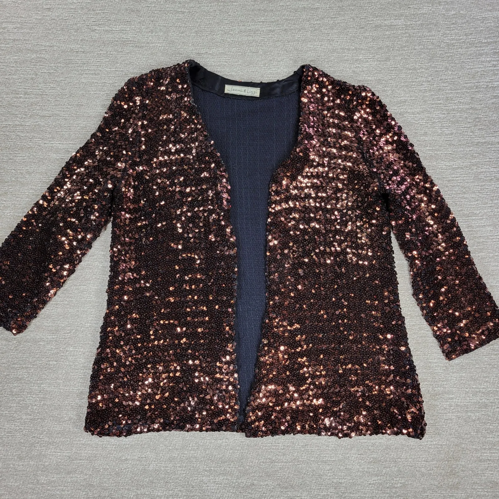 Jenni & Lizzi Sequin Jacket Bronze Metallic Open Front Hand Sewn Theatre Holiday Brown Size M - Image 2