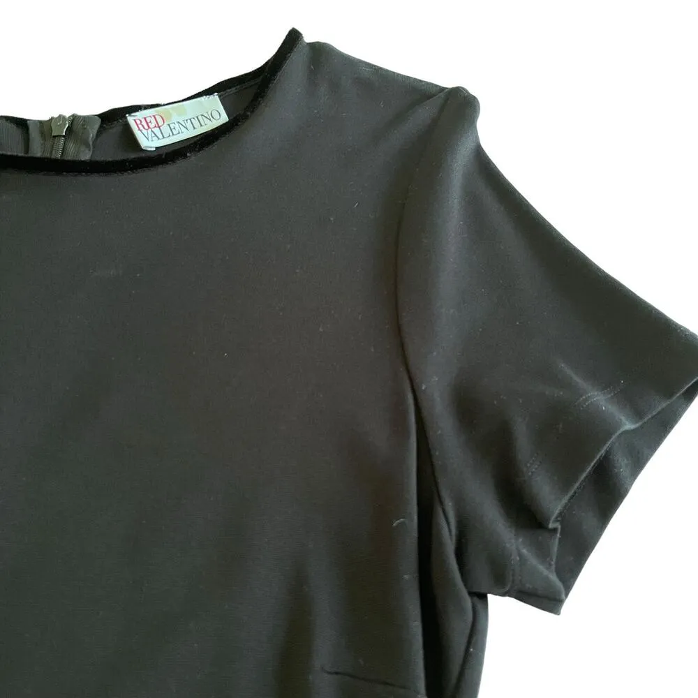 Red Valentino Black Short Sleeve Lace Velvet Trim Scalloped Knee Length Dress L - Image 5