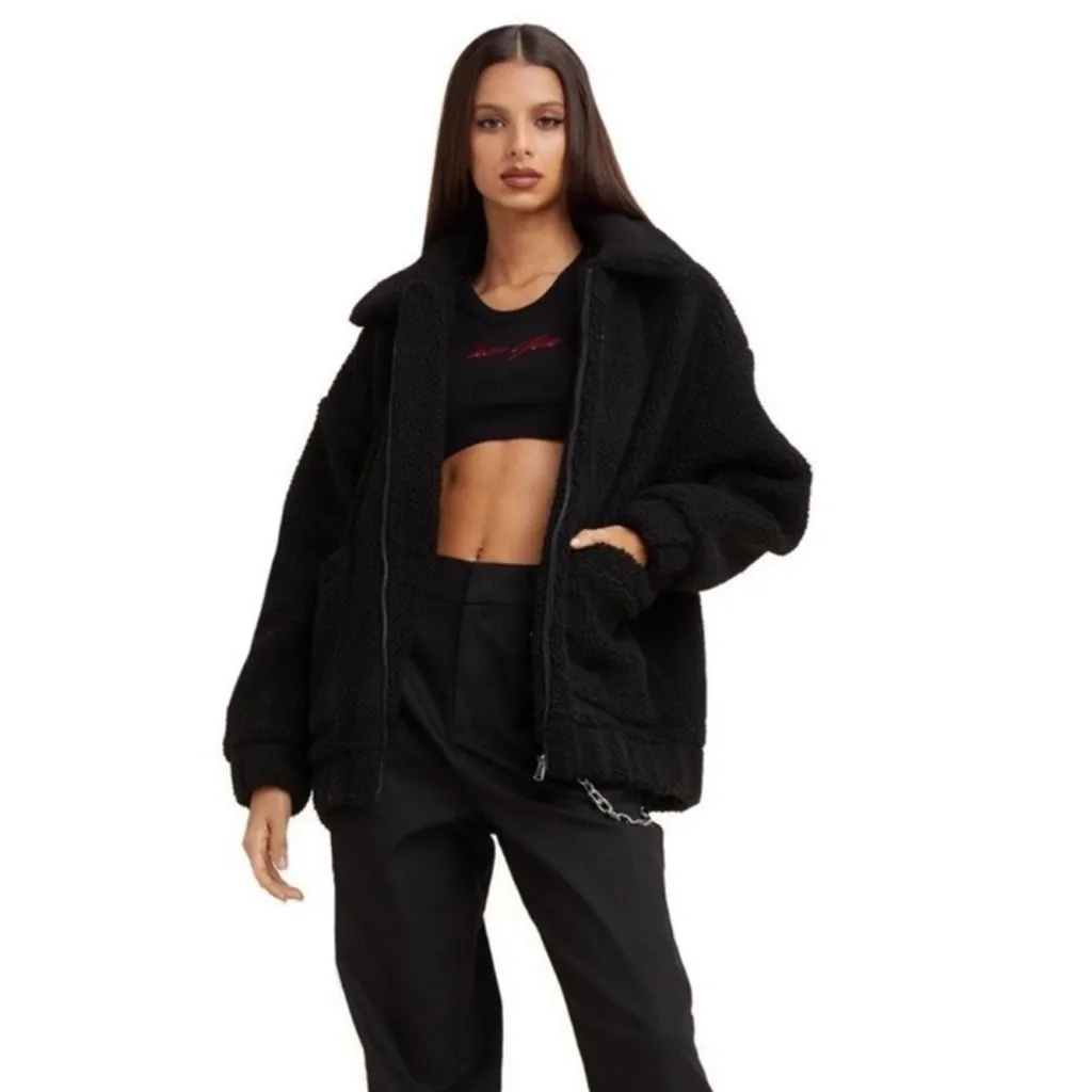 I.AM.GIA Black Pixie Teddy Sherpa Zip Up Patch Pocket Jacket Size Medium Thick - Image 2