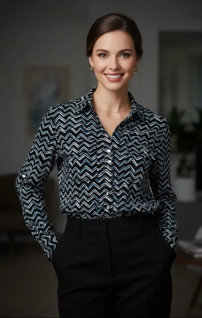 Ivanka Trump Women's Blouse Zigzag Long Sleeve Button Up Blue Black White Size M - Image 1