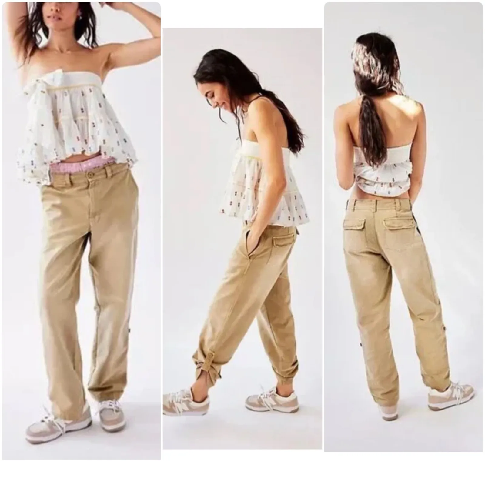 Free People Cleo Washed Khaki Cotton Canvas Roll Tab Straight Chino Pant Size 4 - Image 4