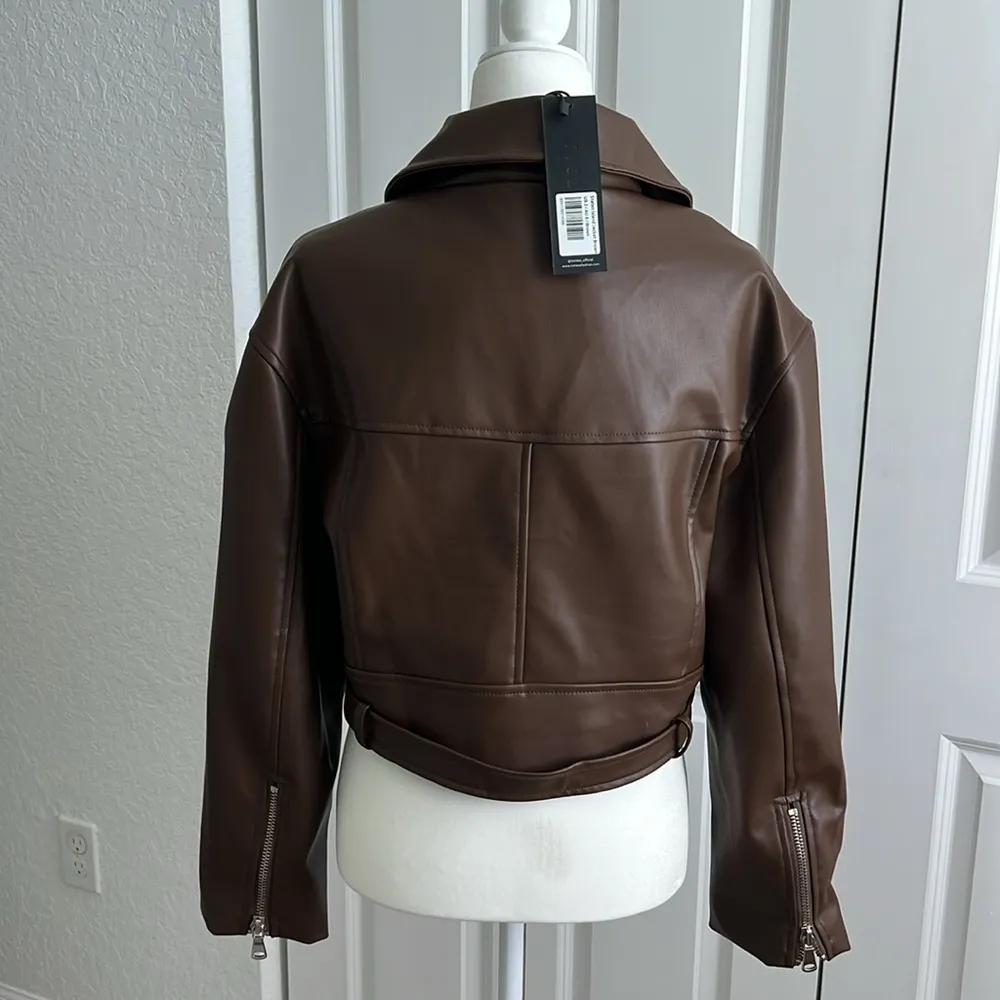 NWT Lioness Staten Island Brown Faux Leather Biker Moto Jacket XS Size US 2 - Image 8