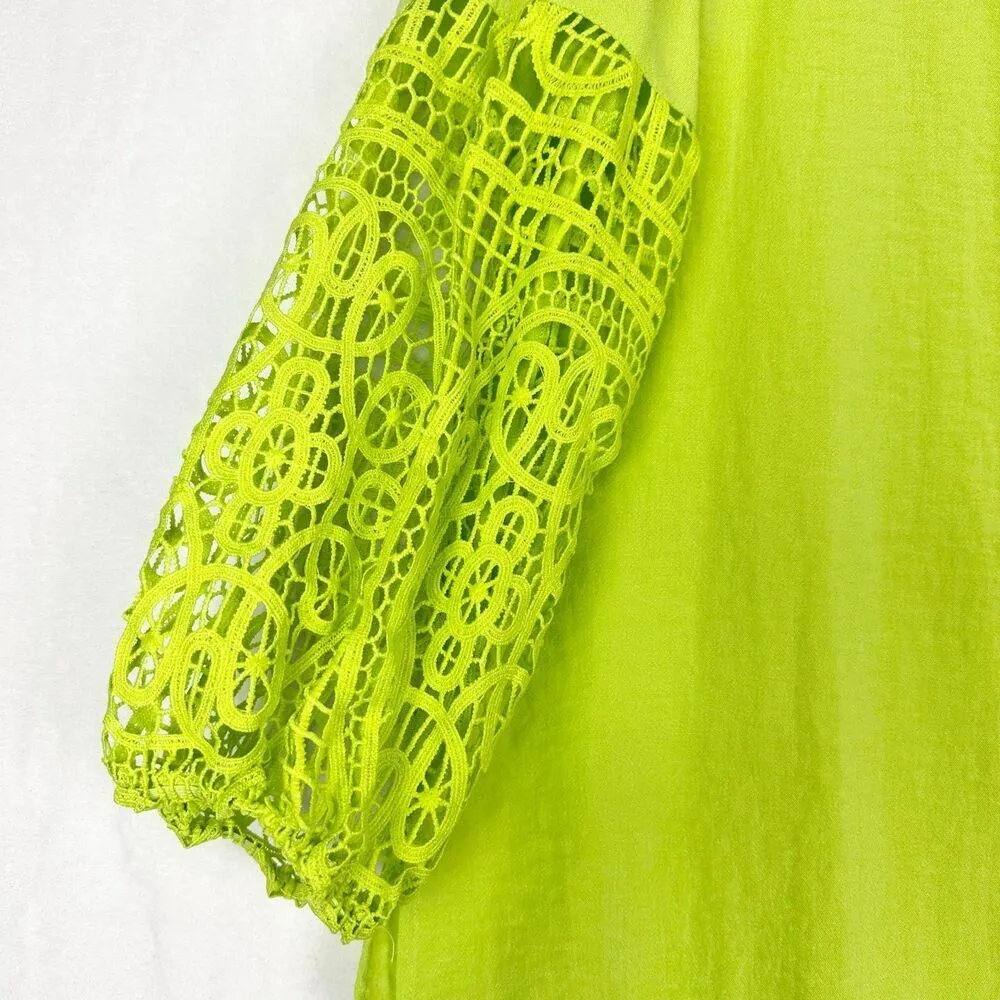 John Mark Wire Collar Crochet Button Up Tunic Size Medium Lime Green Solid - Image 3