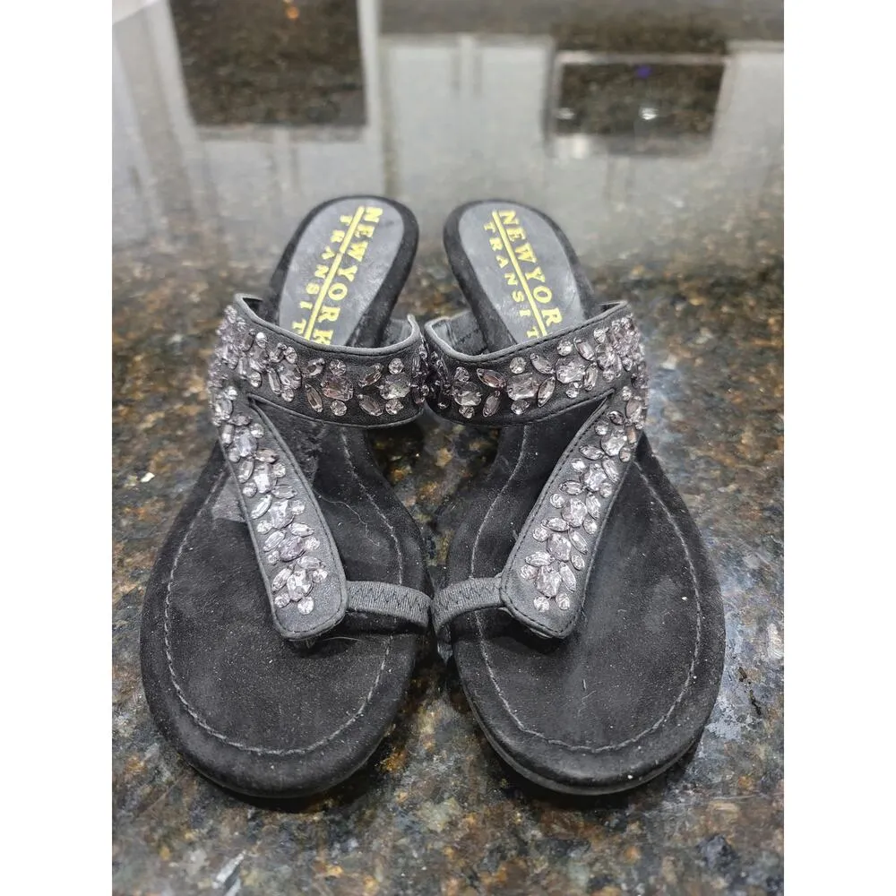 New York Transit Bling Wedge Sandals Womens Size 8M Black Crystal Stone Slip On - Image 4