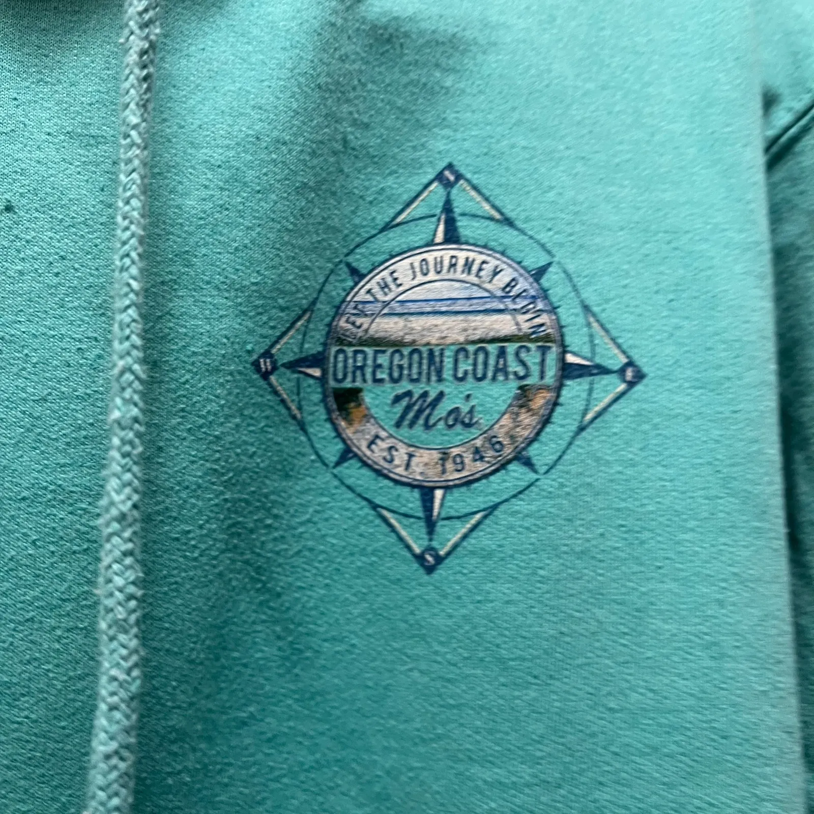 Mo's Oregon Coast PNW Hoodie Hooded Sweatshirt Teal Pullover Jacket Sz Small Green - Image 3