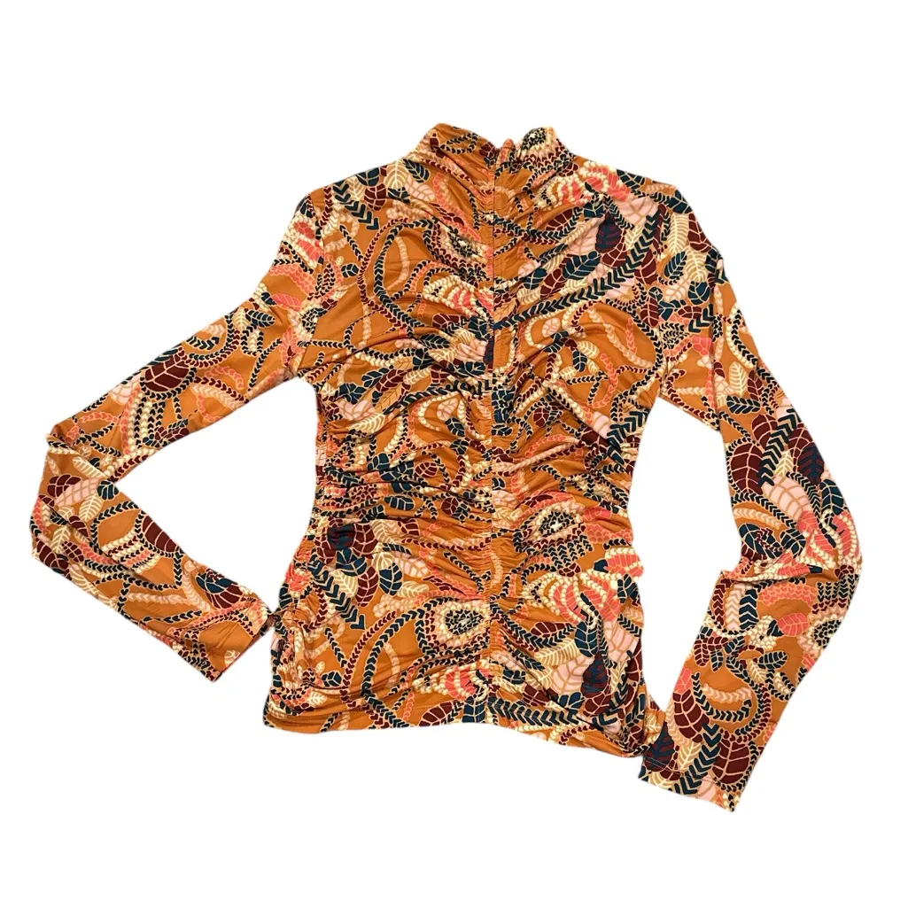 A.L.C. Multicolor Pink Blue Orange Tan Print Ruched Long Sleeve Blouse Top M - Image 4