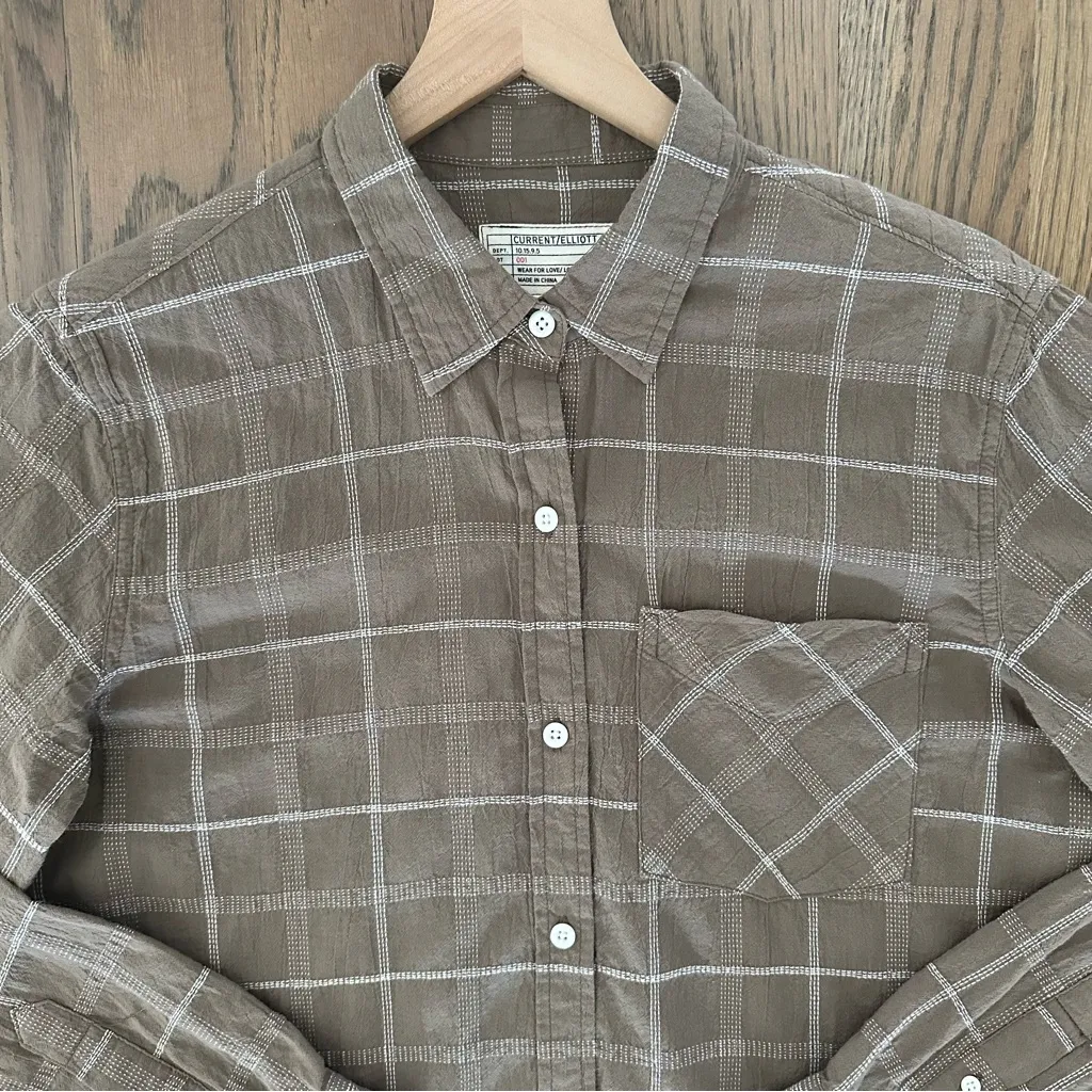 Current/Elliott The Boyfriend Plaid Embroidered Button Shirt Brown White 1 / S - Image 3