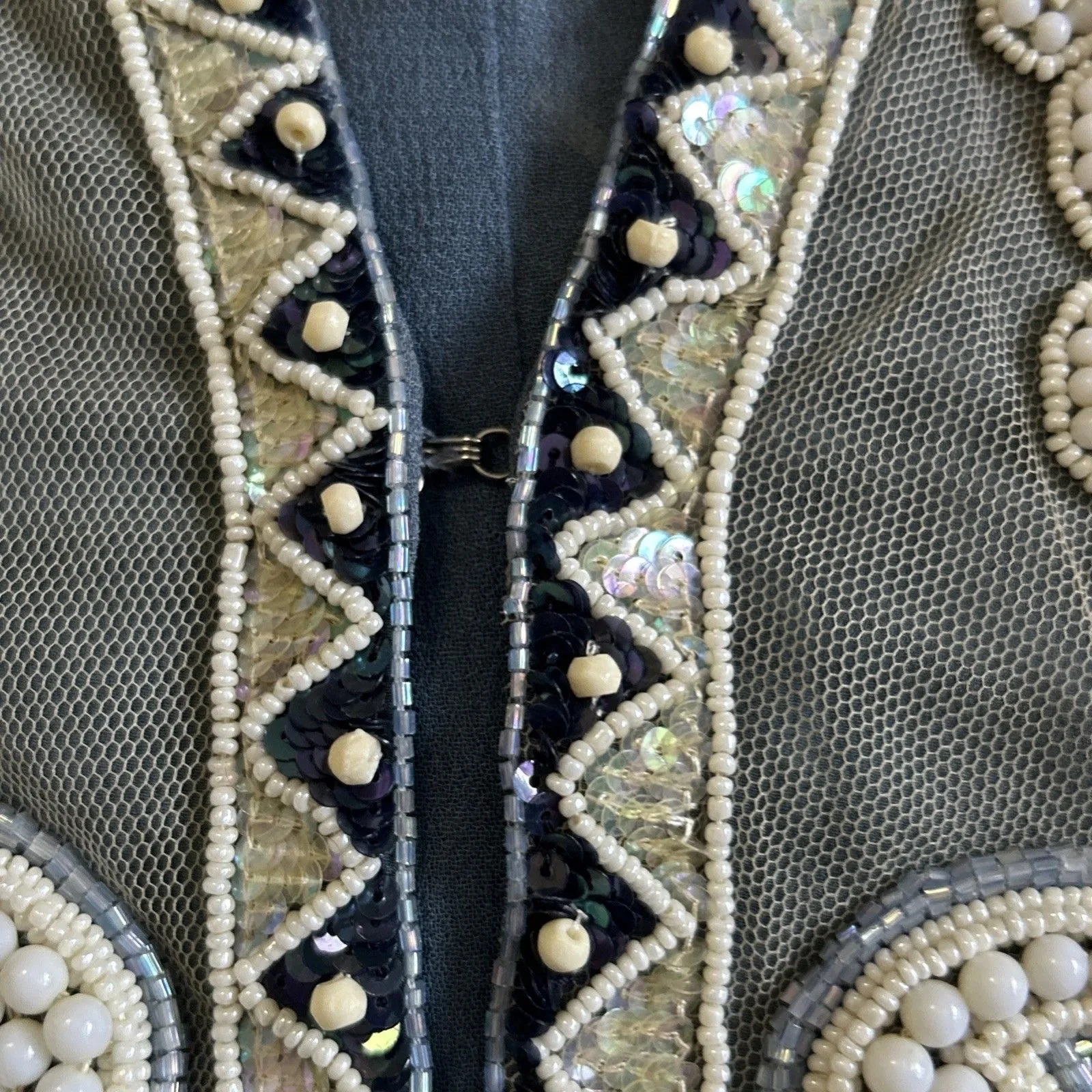 Ella Singh Vest Womens Large Beaded Sequins Silk Festival Boho Blue Cream Heavy - Image 8