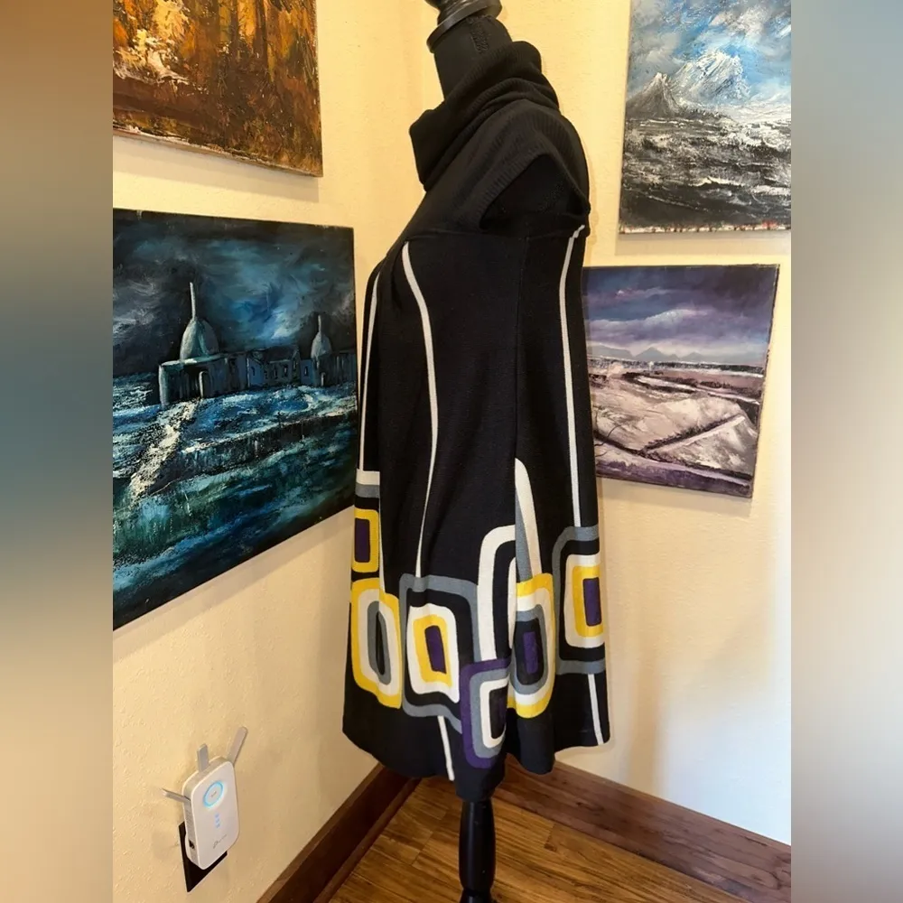 EUC 70’s Vintage hypnotik dress black geometrics abstract short sleeves Sz S Gold - Image 6