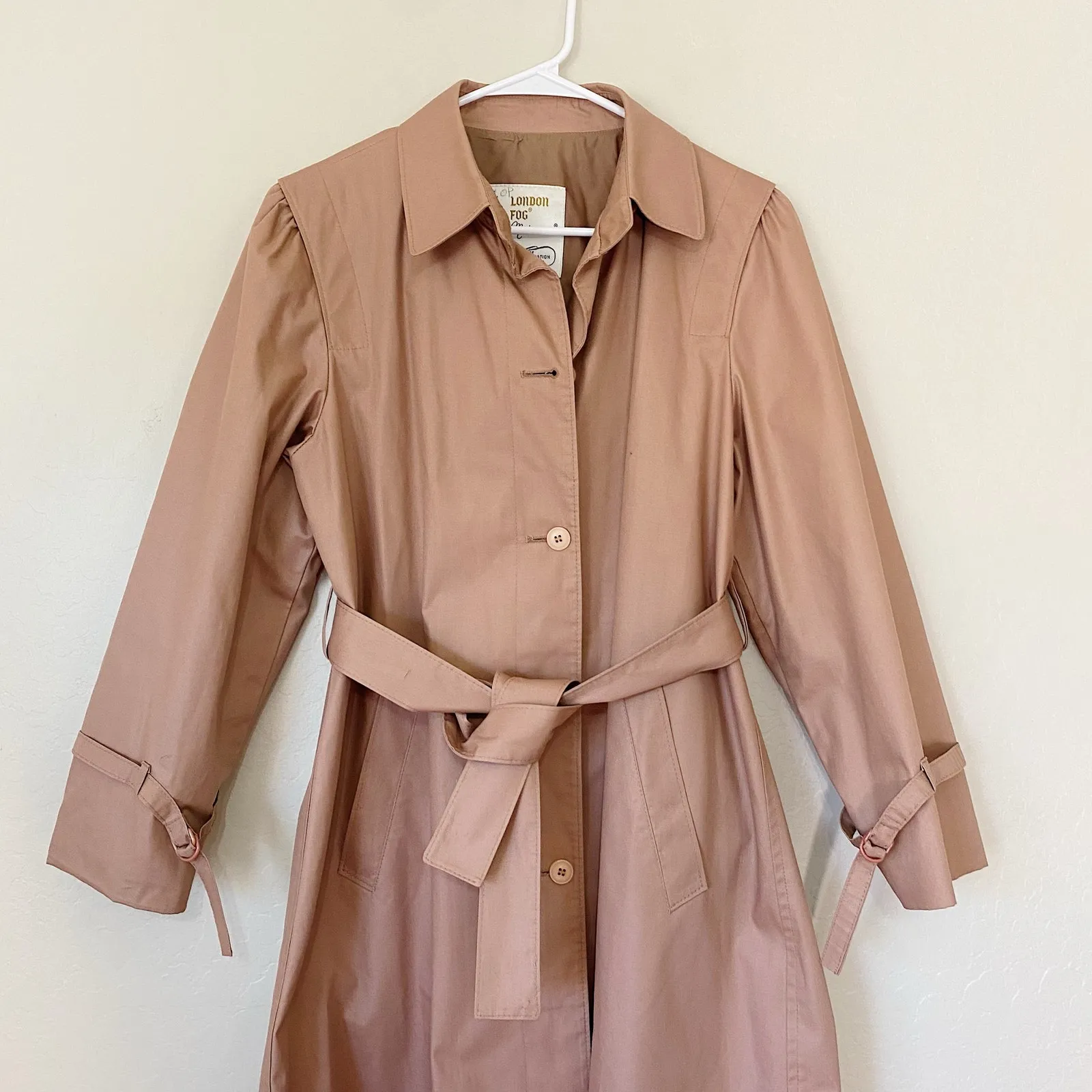 Vintage London Fog Pink Cotton Blend Belted Trench Coat Pea Coat Size 8P - Image 3