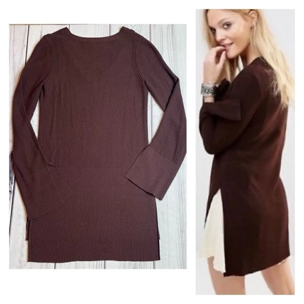 Free People Criss Cross Sweater Tunic Top Split Hem Bell Sleeve Wine Size Small - Image 2