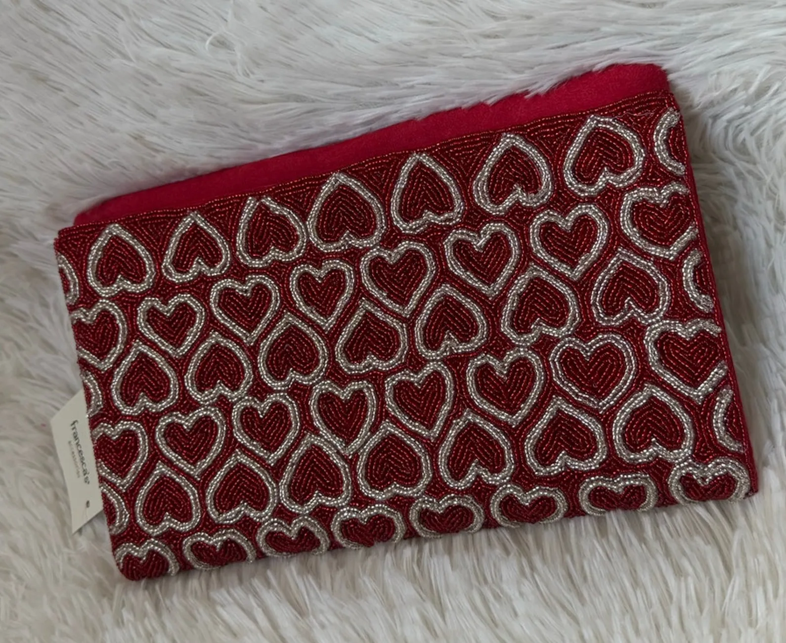 Francesca Clutch Evening Bag Gold Red Beaded Heart Chain Shoulder Strap NWT - Image 1