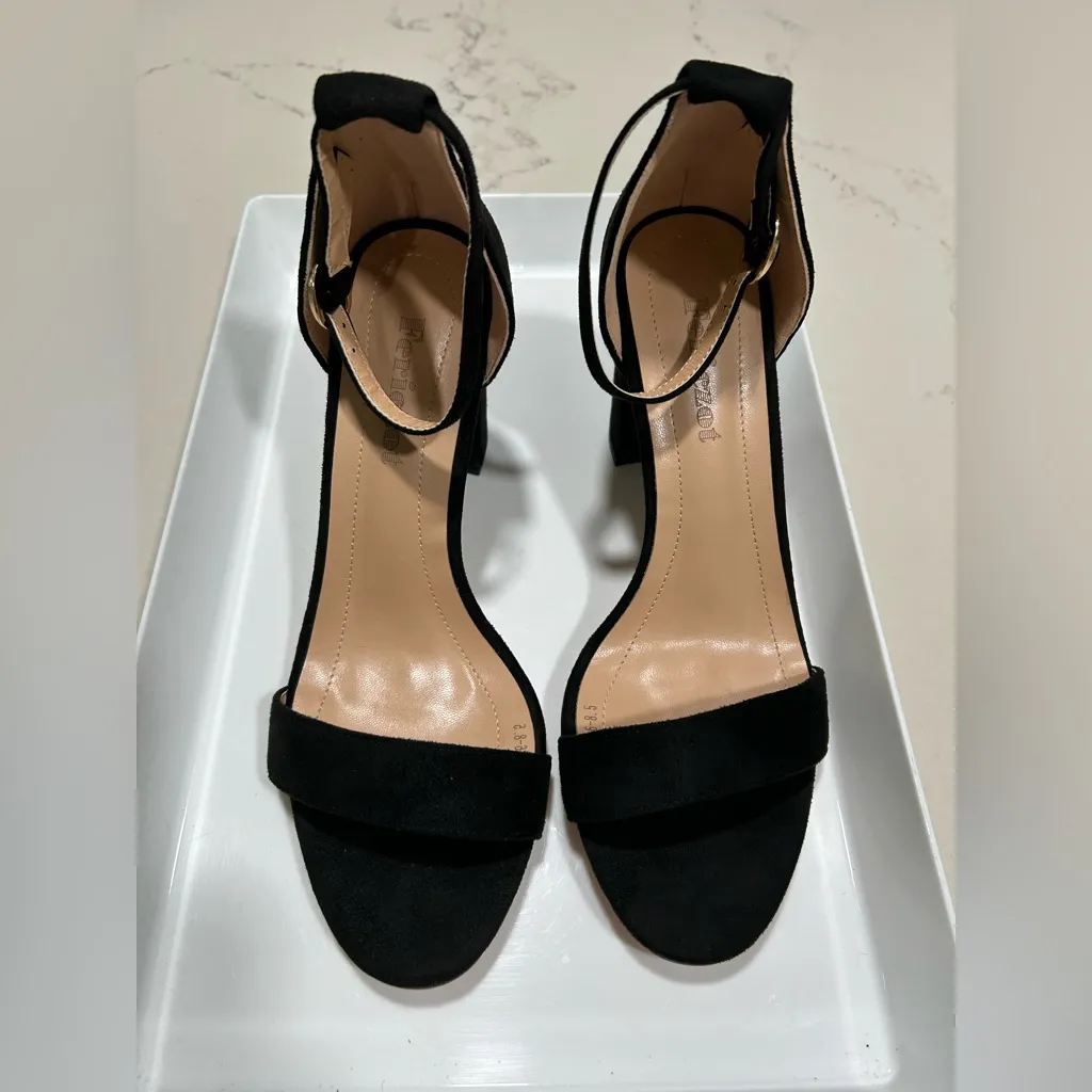 NEW Faux Suede Heels Open Toe Ankle Strap Chunky High Heel Pumps 3.35” 8.5 Black - Image 4