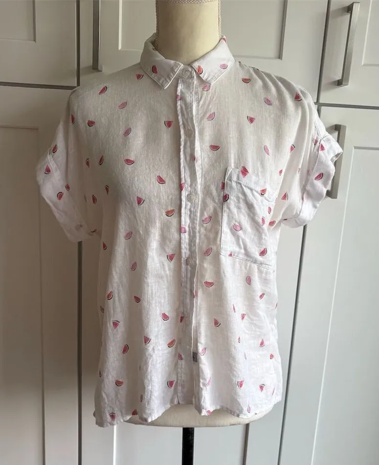 Rails XS Linen Blend White watermelon Print Button-Up Shirt Short Sleeve - Image 1