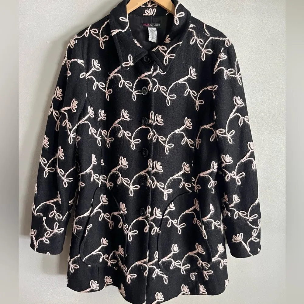 Vintage Y2K Focus by Shani Black Embroidered Jacket XL Floral Wool Blend Coat - Image 2