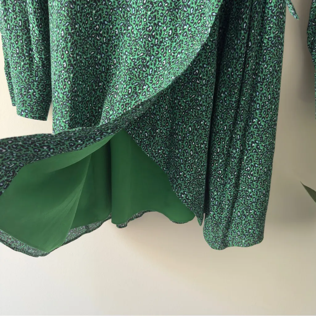 Anthropologie Sanctuary Green Micro Leopard Animal Print Wrap Dress Long Sleeve - Image 7