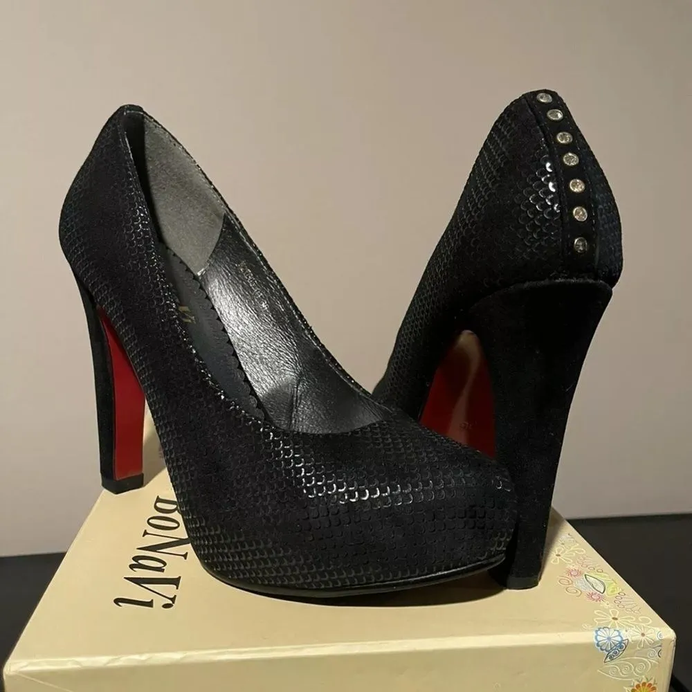 BONAVI Studded Platform Stiletto Pumps Heels Black Red bottoms Suede Shoes Sz 36 - Image 2