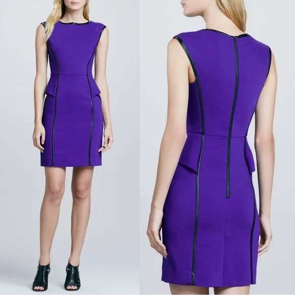 MILLY • Pipe-Trim Peplum Dress purple stretch wool black vegan leather - Image 2