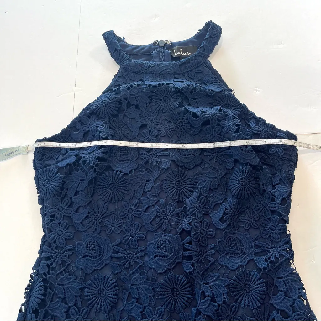 Lulus Love Poem Navy Blue Halter Neck Crochet Lace Bodycon Mini Dress Size LARGE - Image 8