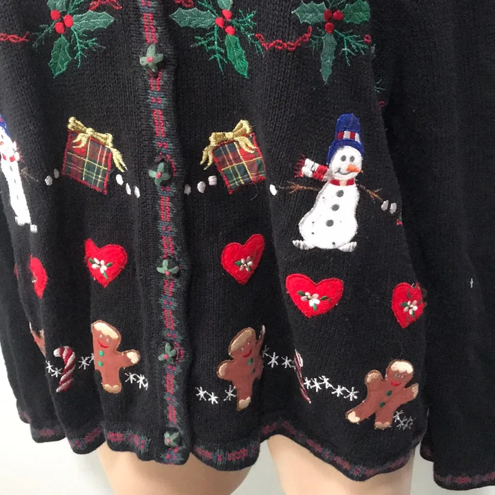 Tiara International Ugly Christmas Sweater Cardigan Holly Gingerbread Snowmen - Image 3