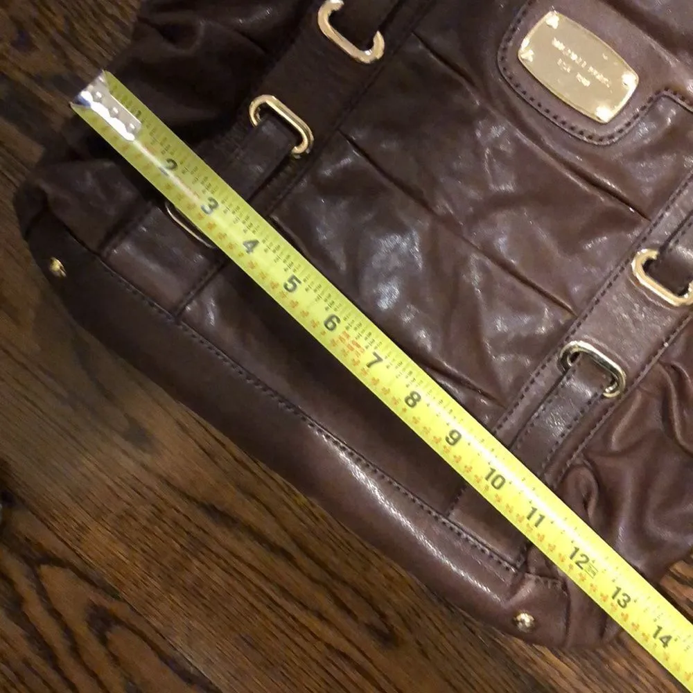 MICHAEL KORS Brown Leather Shoulder Bag Tote W Woven Leather & Gold Accents - Image 4