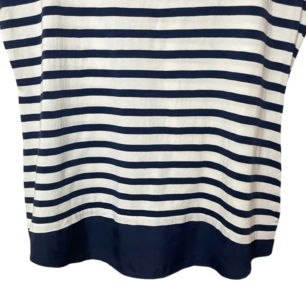 ANNE KLEIN White & Navy Sailor Striped Cap-Sleeve Top, Gold Logo Zipper - Image 3
