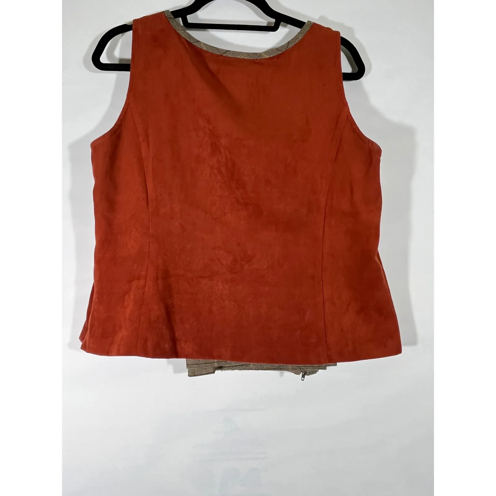 Perceptions Petite Suede Women 3 Piece Suit Collarless Jacket Plaid Rust Hue 14P Orange - Image 11