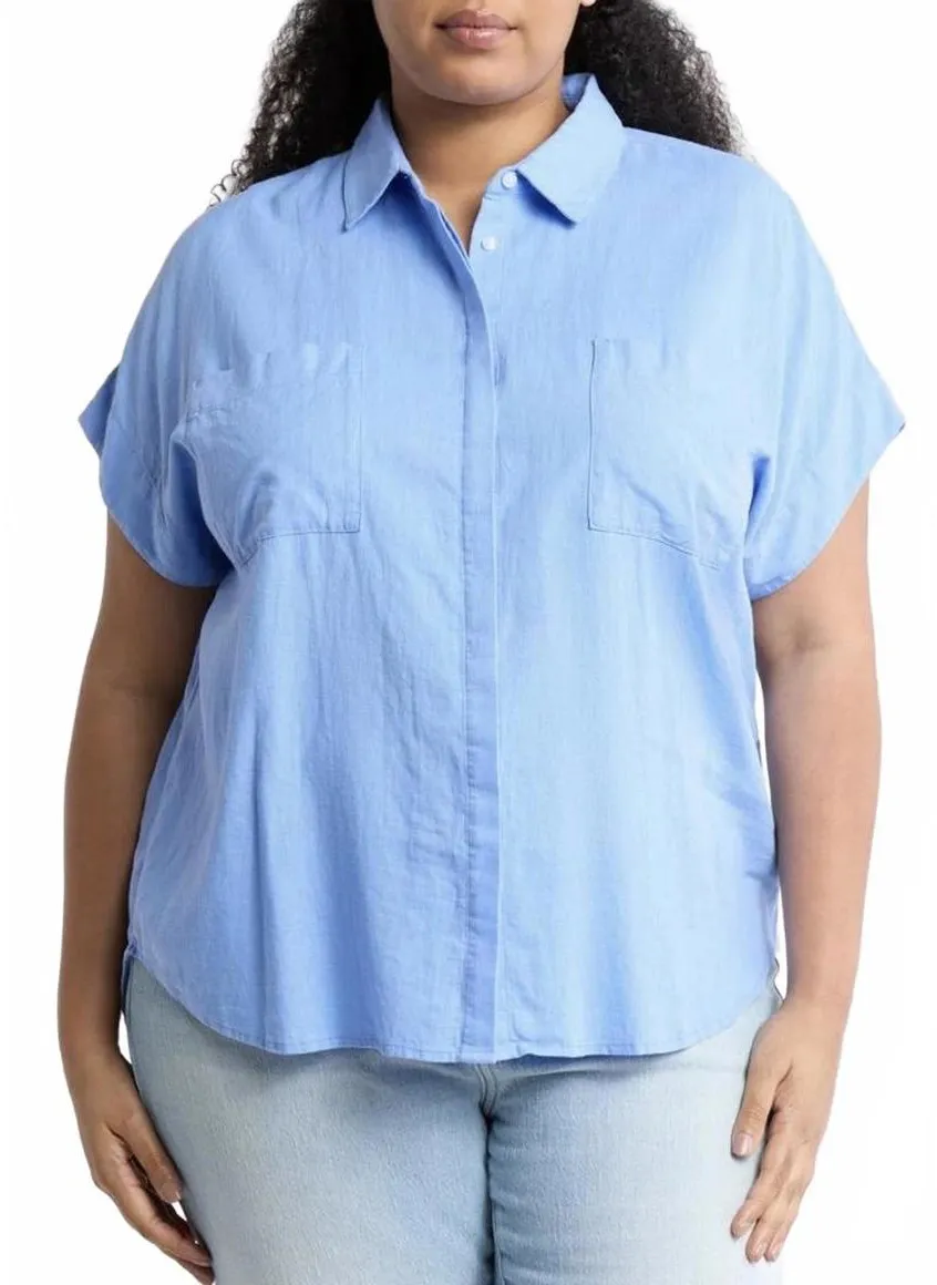 Caslon Linen Blend Double Pocket Linen Blend Camp Shirt Blue Cornflower NWT 4X - Image 1